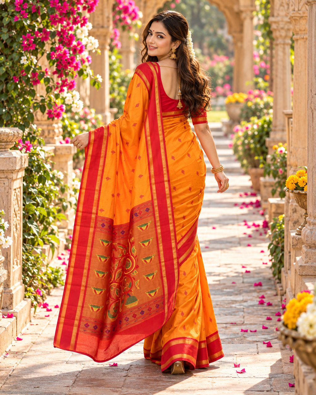 Premium Paithani Katan Silk Butti Saree With Zari Border Unstitched Blouse (Orange)