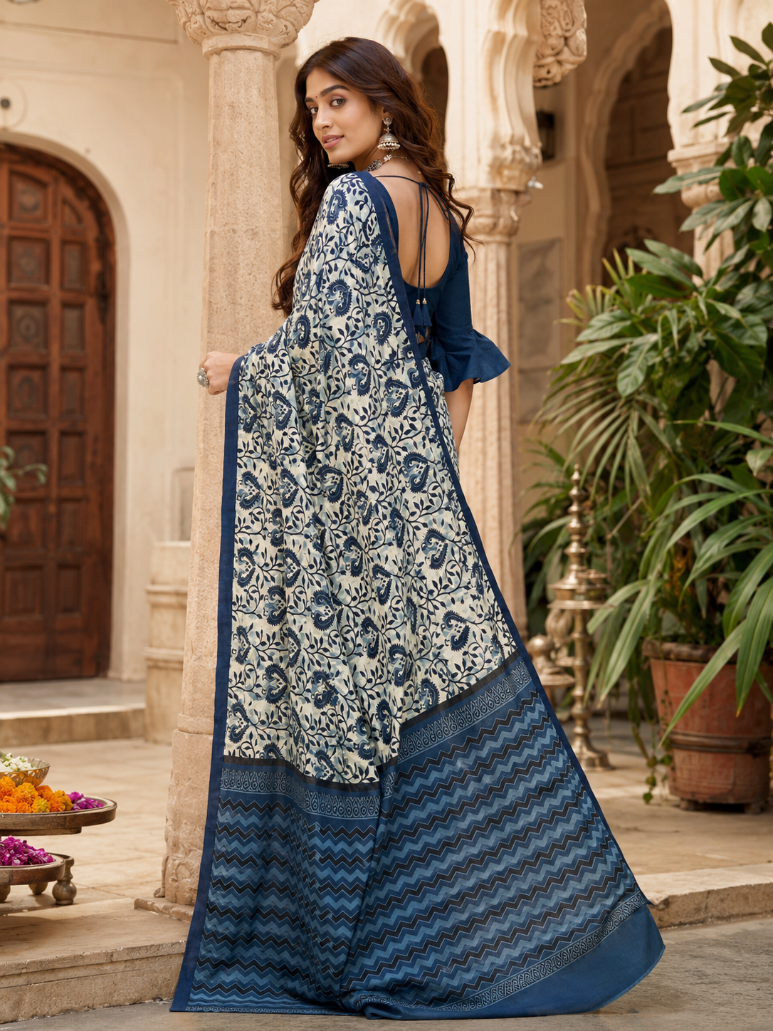 Cotton Printed Saree With Unstitched Blouse(Blue)