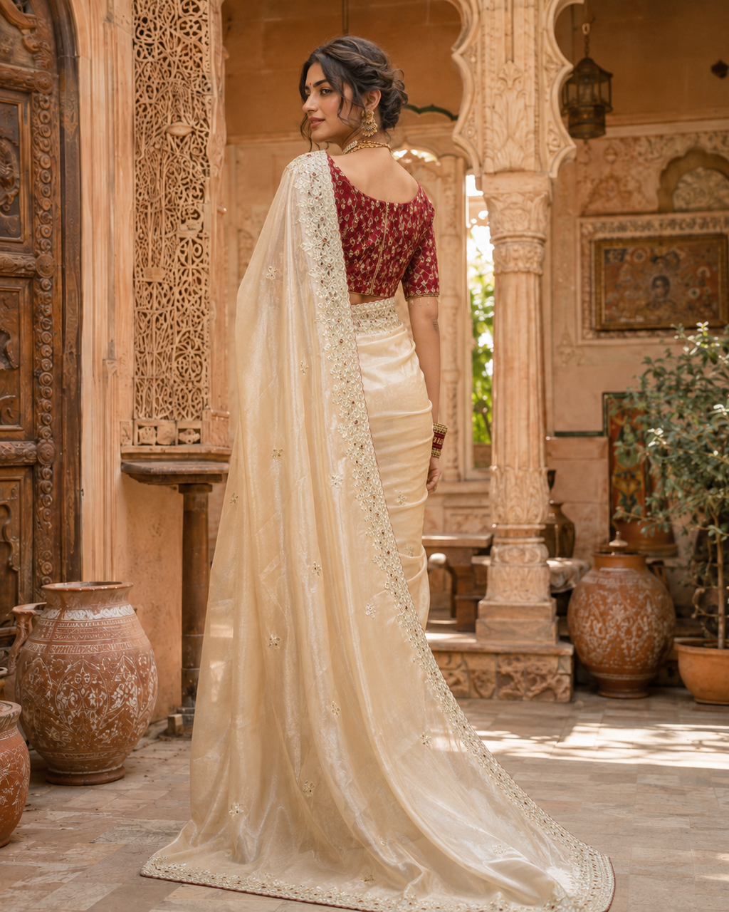 Satin Silk Sequins Thread Work Saree With Unstitched Blouse(Beige)