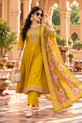 Cotton Embroidery Work Kurti Pant Set With Dupatta(Mustard)