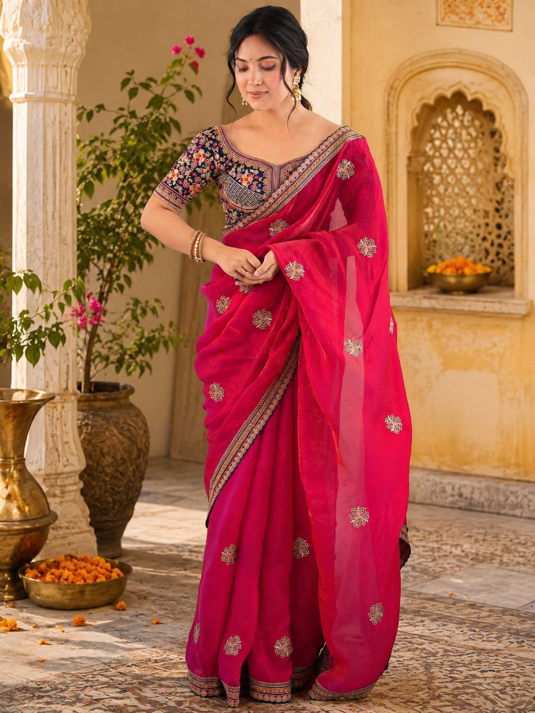 Satin Embroidery Work Saree With Unstitched Blouse(Rani)