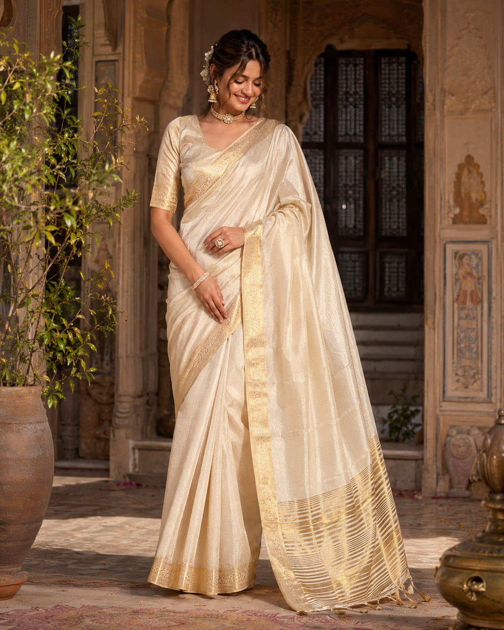 Pure Tussar Silk Saree With Unstitched Blouse(Beige)