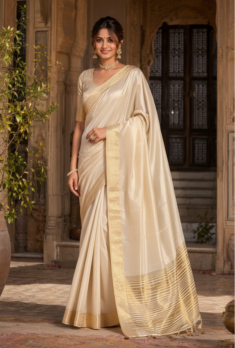 Pure Tussar Silk Saree With Unstitched Blouse(Beige)
