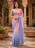 Georgette Swarovski Printed Saree With Unstitched Blouse(Light Pink)