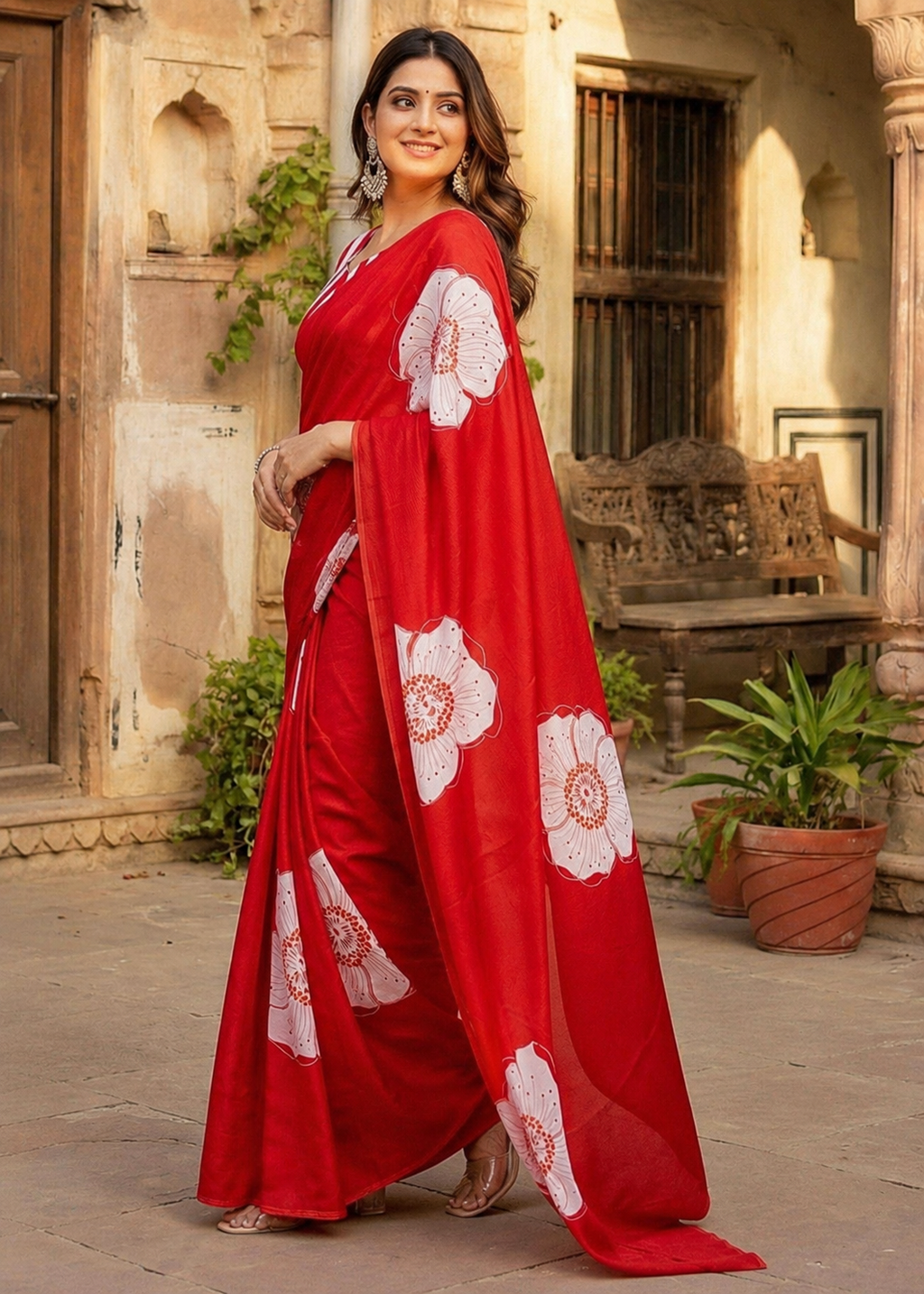 Cotton Block Flower Print Saree With Unstitched Blouse(Red)