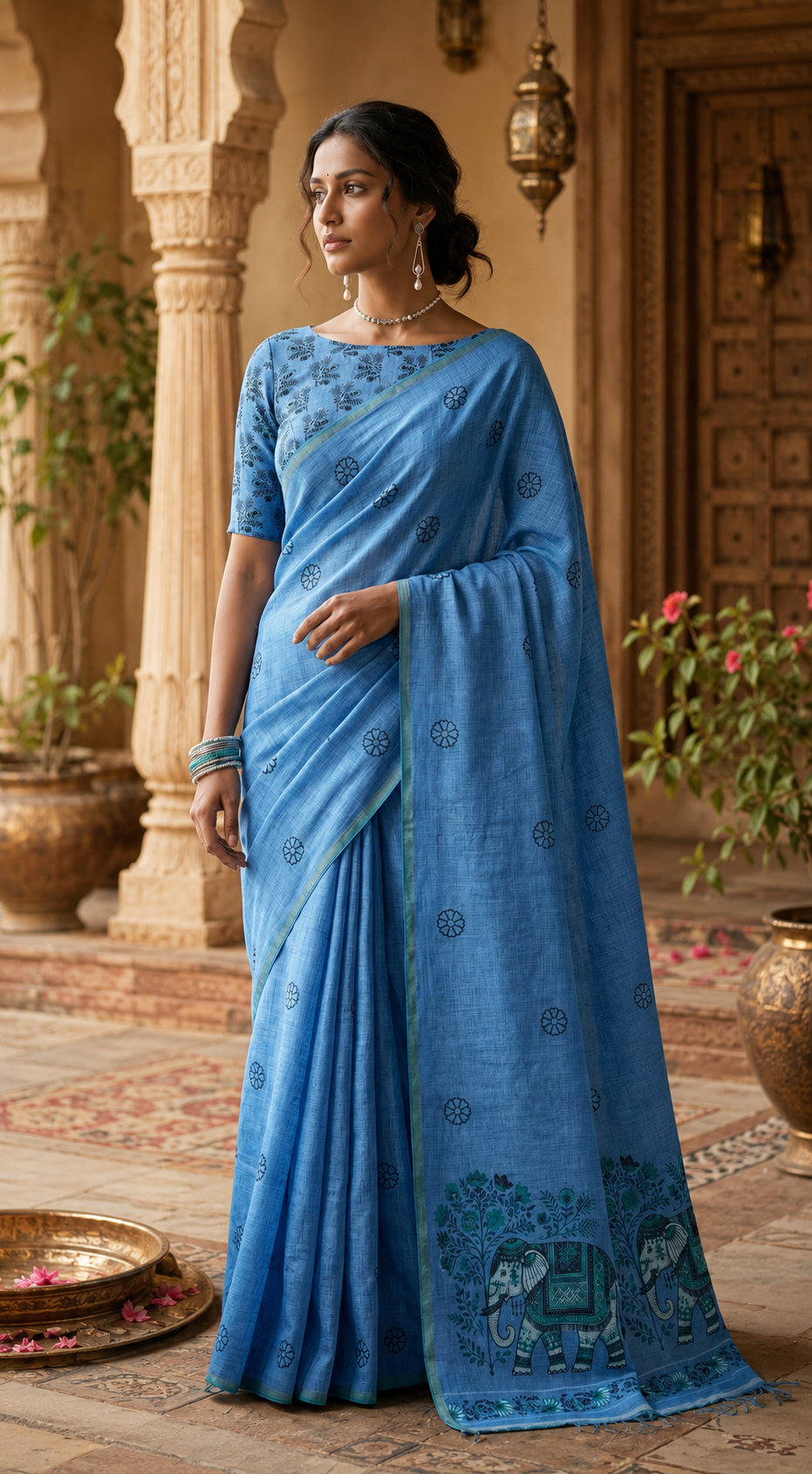 Linen Printed Saree With Unstitched Blouse(Blue)