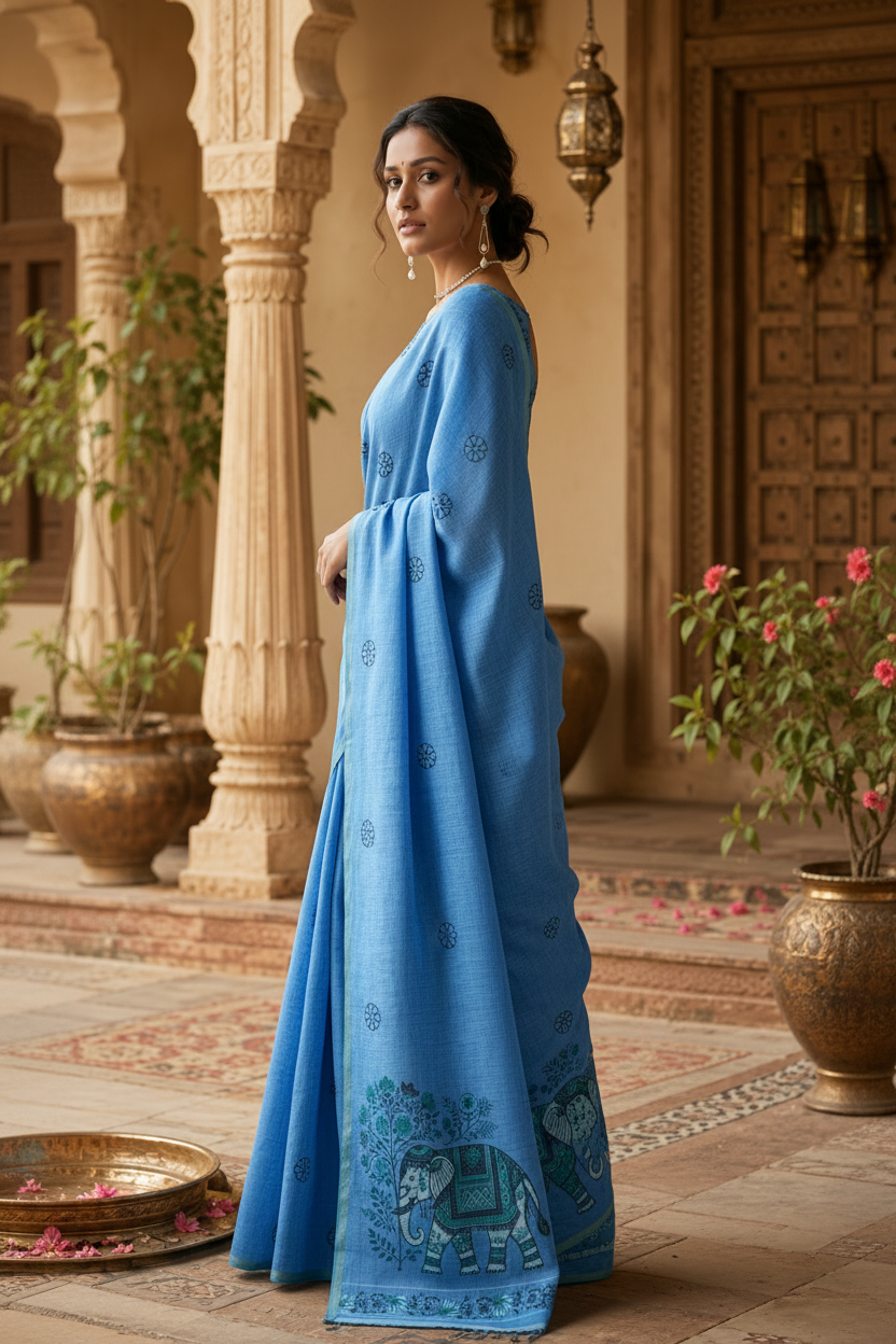 Linen Printed Saree With Unstitched Blouse(Blue)