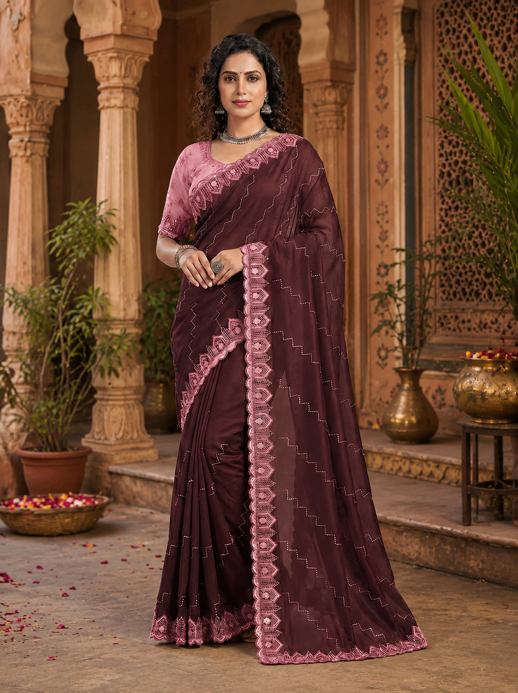 Organza Silk Saree With Unstitched Blouse(Tyrian Purple)