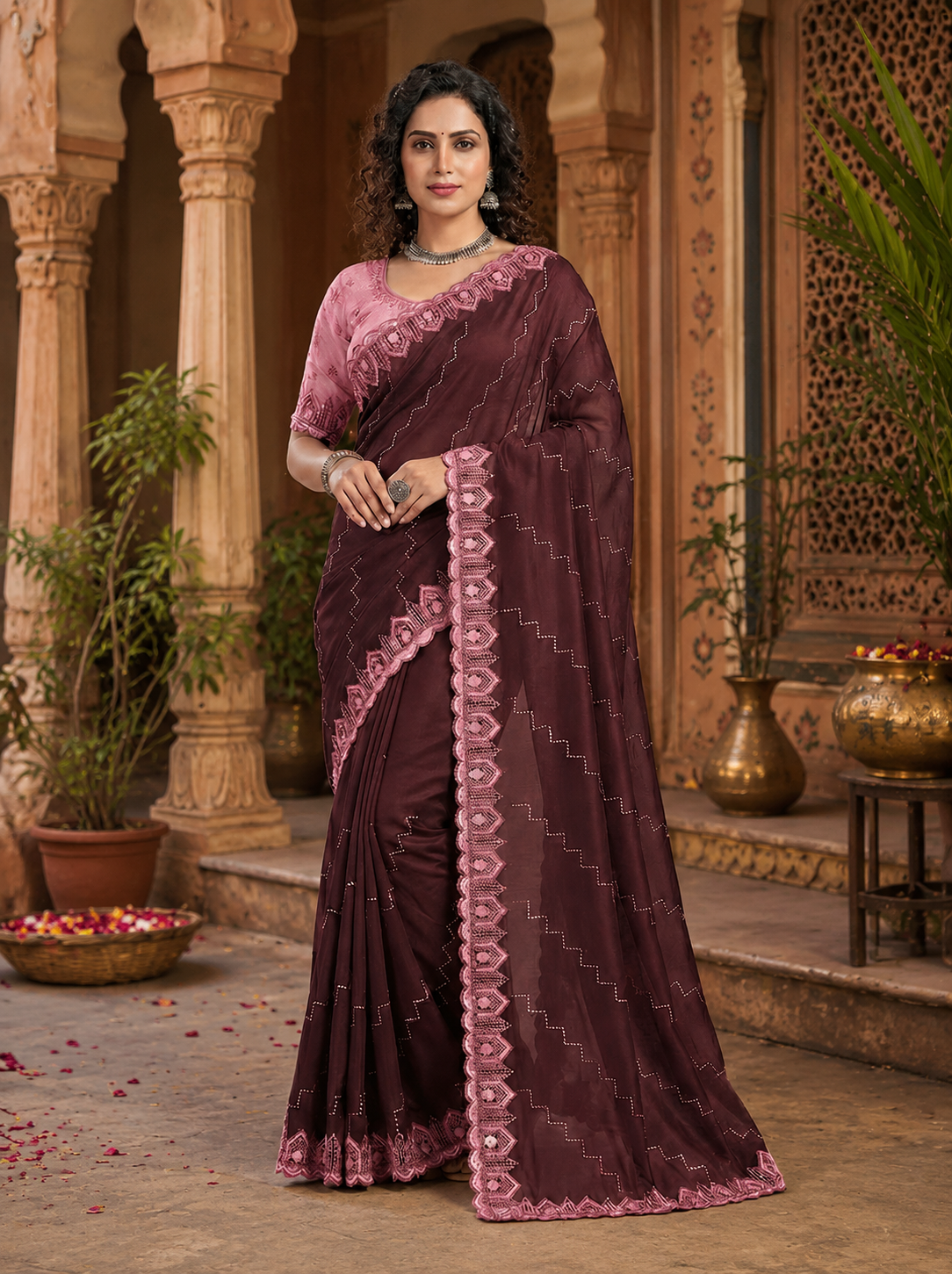 Organza Silk Saree With Unstitched Blouse(Tyrian Purple)