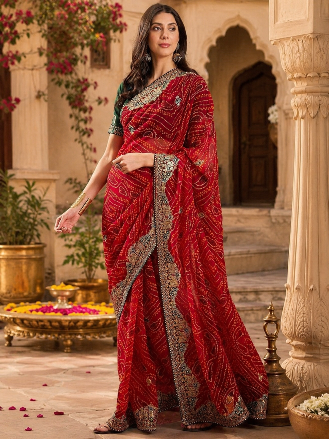 Georgette Embroidery Work Saree With Unstitched Blouse(Red)