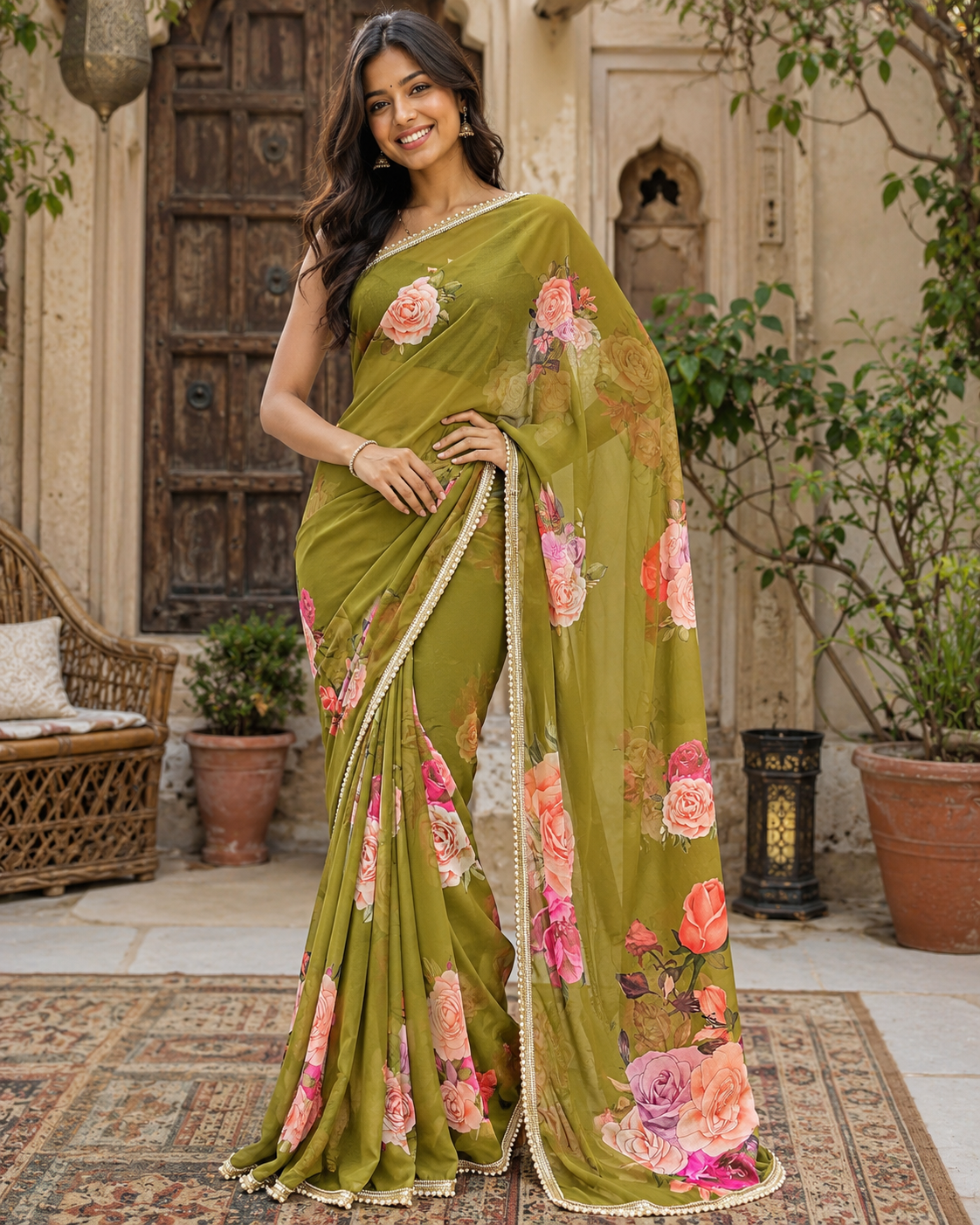 Georgette Floral Printed Saree With Unstitched Blouse(Green)