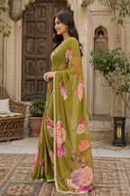 Georgette Floral Printed Saree With Unstitched Blouse(Green)
