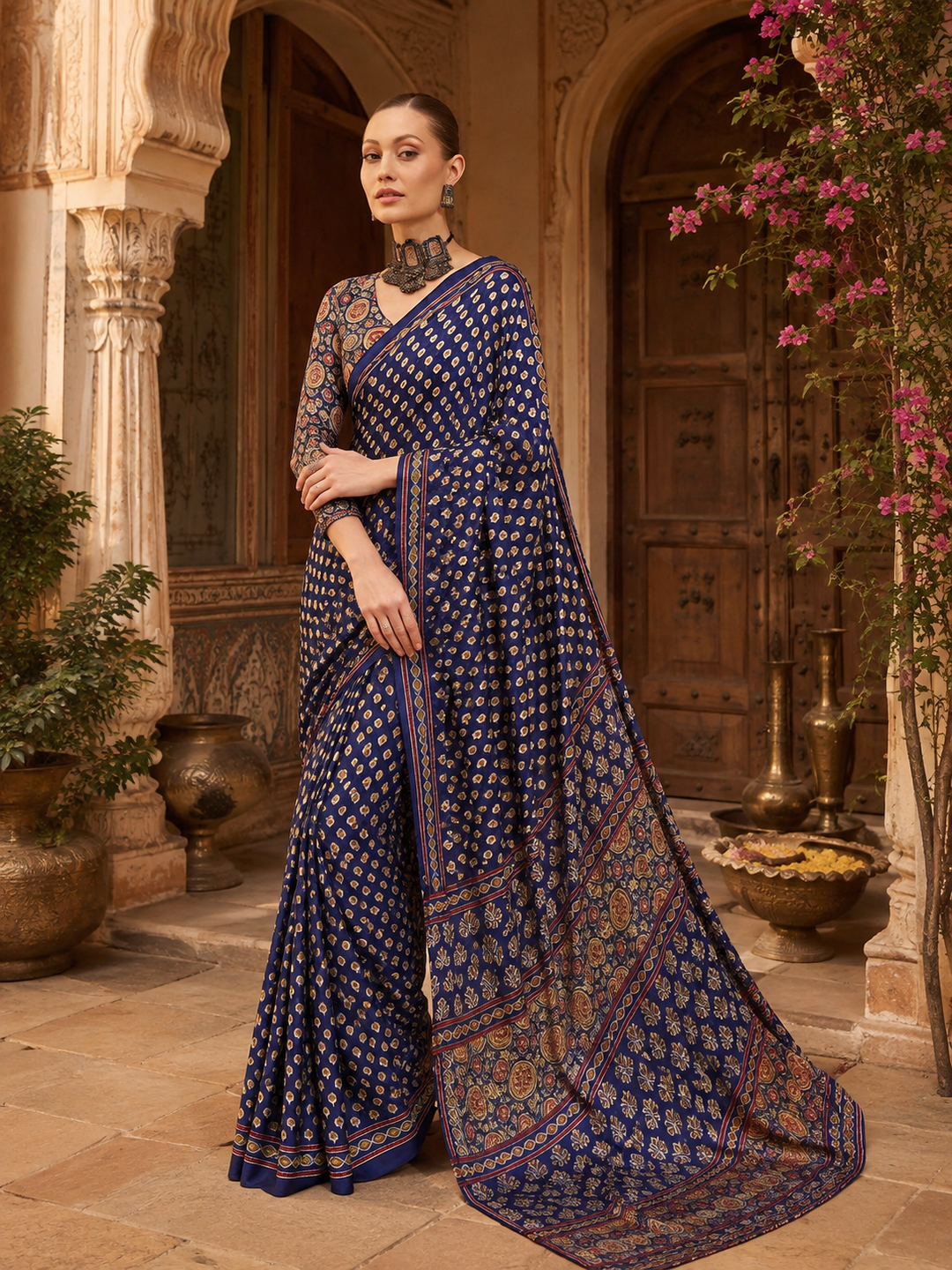 Crepe Silk Ajrakh Print Saree With Unstitched Blouse(Blue)