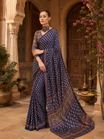 Load image into Gallery viewer, Crepe Silk Ajrakh Print Saree With Unstitched Blouse(Blue)

