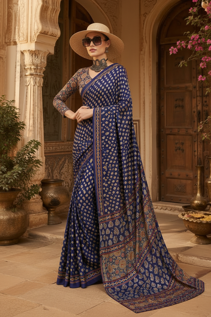 Crepe Silk Ajrakh Print Saree With Unstitched Blouse(Blue)