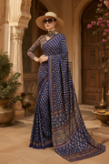 Crepe Silk Ajrakh Print Saree With Unstitched Blouse(Blue)
