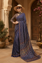Crepe Silk Ajrakh Print Saree With Unstitched Blouse(Blue)