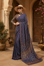 Load image into Gallery viewer, Crepe Silk Ajrakh Print Saree With Unstitched Blouse(Blue)
