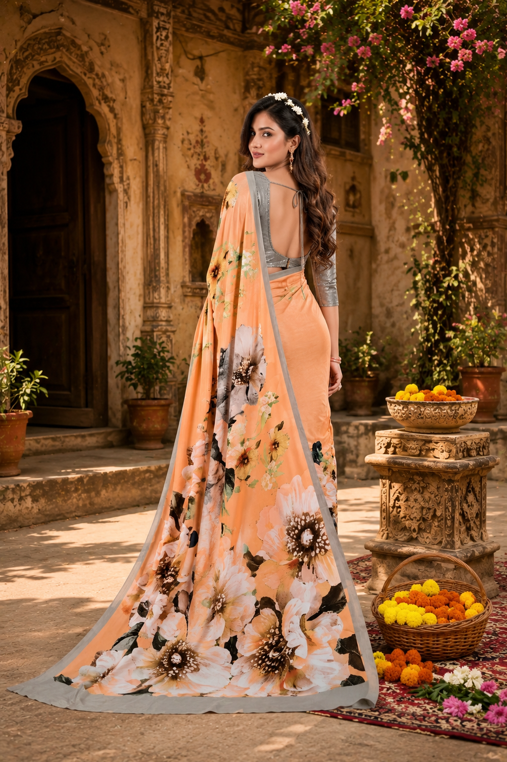 Soft Crepe Silk Digital Print Saree With Unstitched Blouse(Peach)