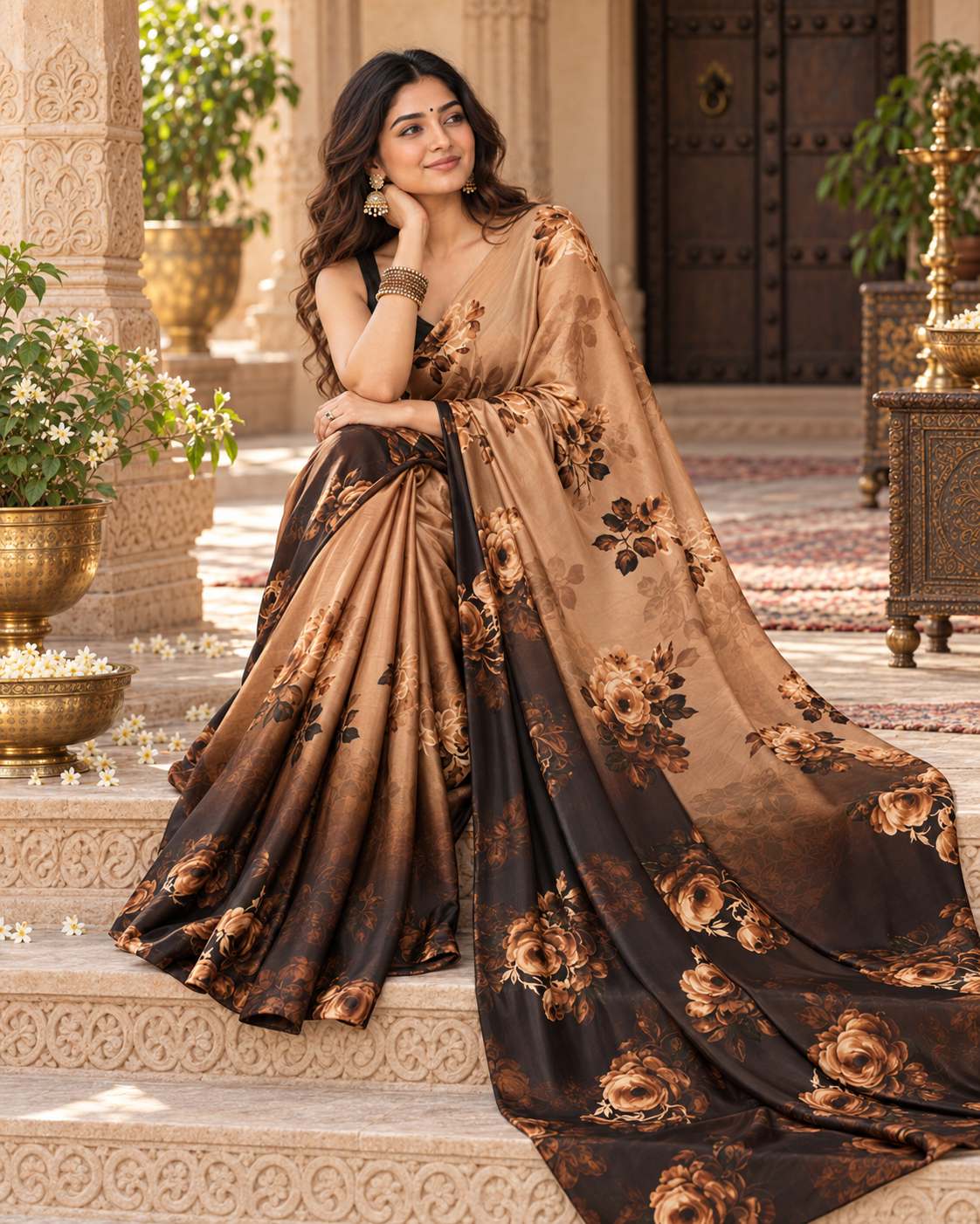 Satin Silk Floral Print Saree With Unstitched Blouse(Brown)
