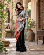 Japan Satin Digital Print  Pallu Valmoti Handwork Saree With Unstitched Blouse (Black)