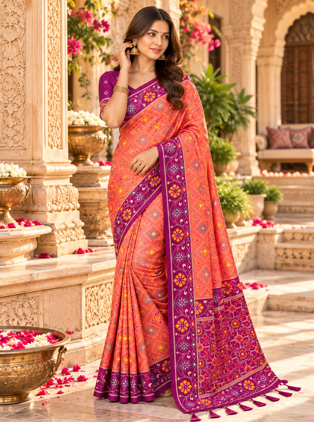 Patola Silk Rich Zari Work Saree With Unstitched Blouse(Rani)