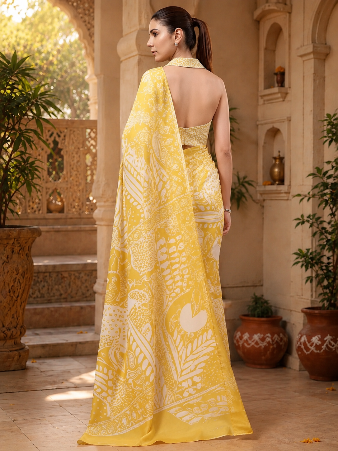 Satin Silk Party Wear Saree With Unstitched Blouse(Yellow)