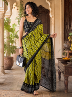 Mulmul Cotton Printed Pocket Saree With Unstitched Blouse(Green)