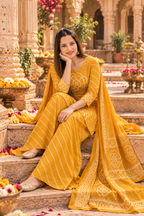 Cotton Kurti Palazzo Set With Dupatta(Yellow)