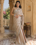 Load image into Gallery viewer, Premium Satin Silk Embroidery Work saree With Unstitched Blouse(Cream)
