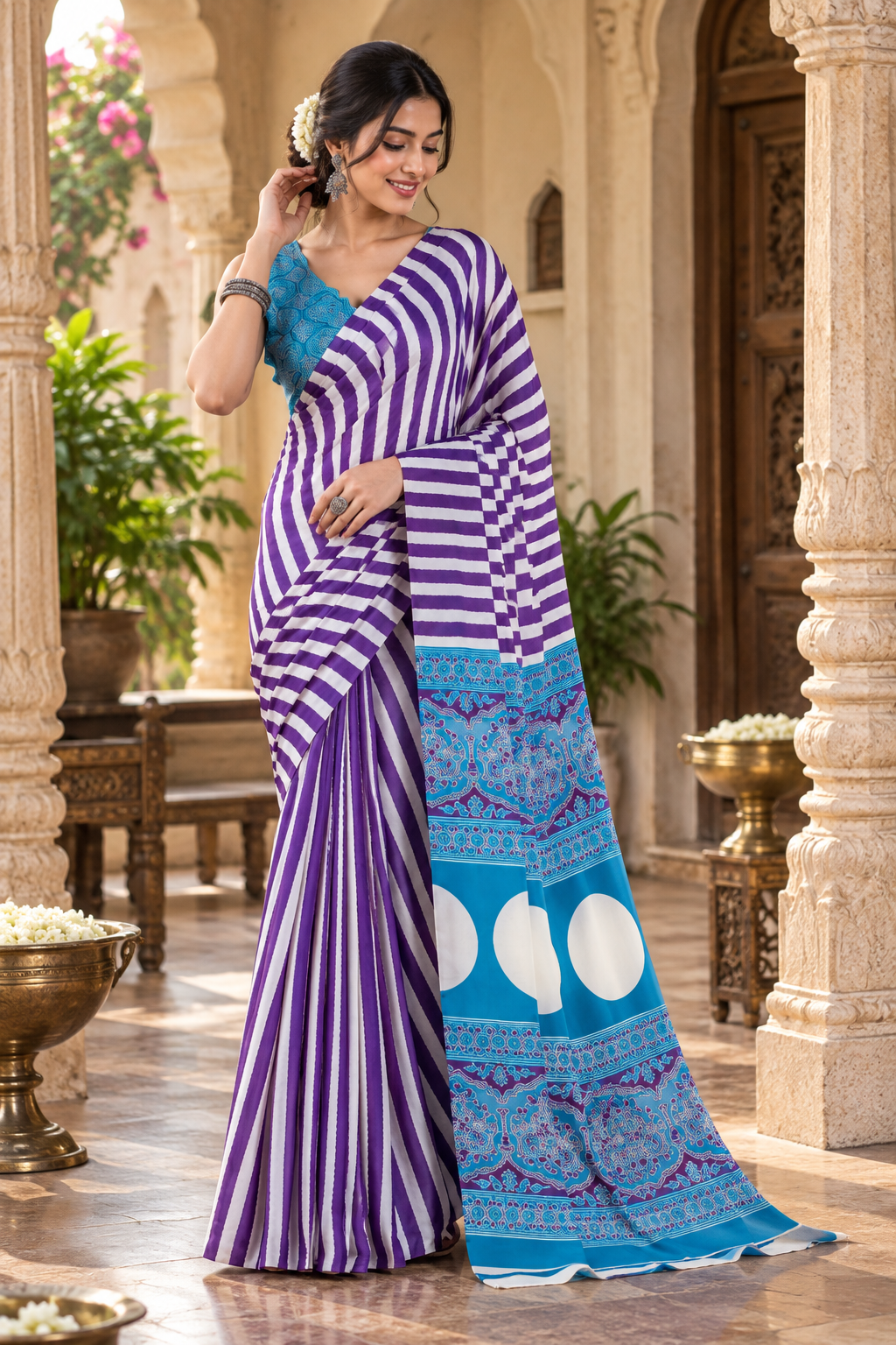 Satin Silk Ajrakh Printed Saree With Unstitched Blouse(Purple)