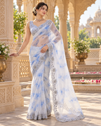 Soft Space Silk Embroidery Sequin Work Saree With Unstitched Blouse(Sky)