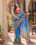 Georgette Digital Printed Saree With Unstitched Blouse(Blue)