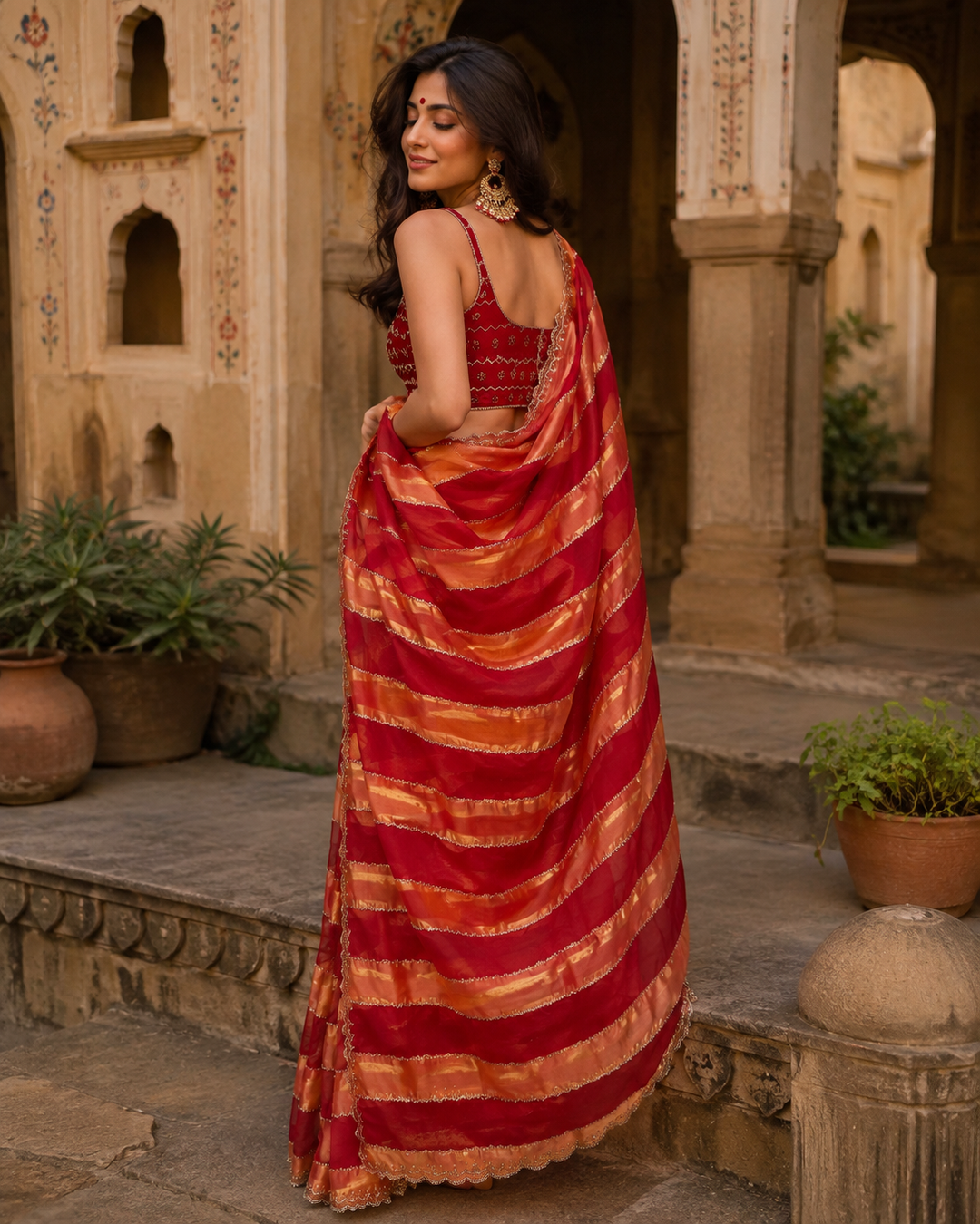 Satin Silk Siroski Diamond Work Saree With Unstitched Blouse (Red)