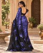 Satin Silk Floral Print Saree With Unstitched Blouse(Blue)