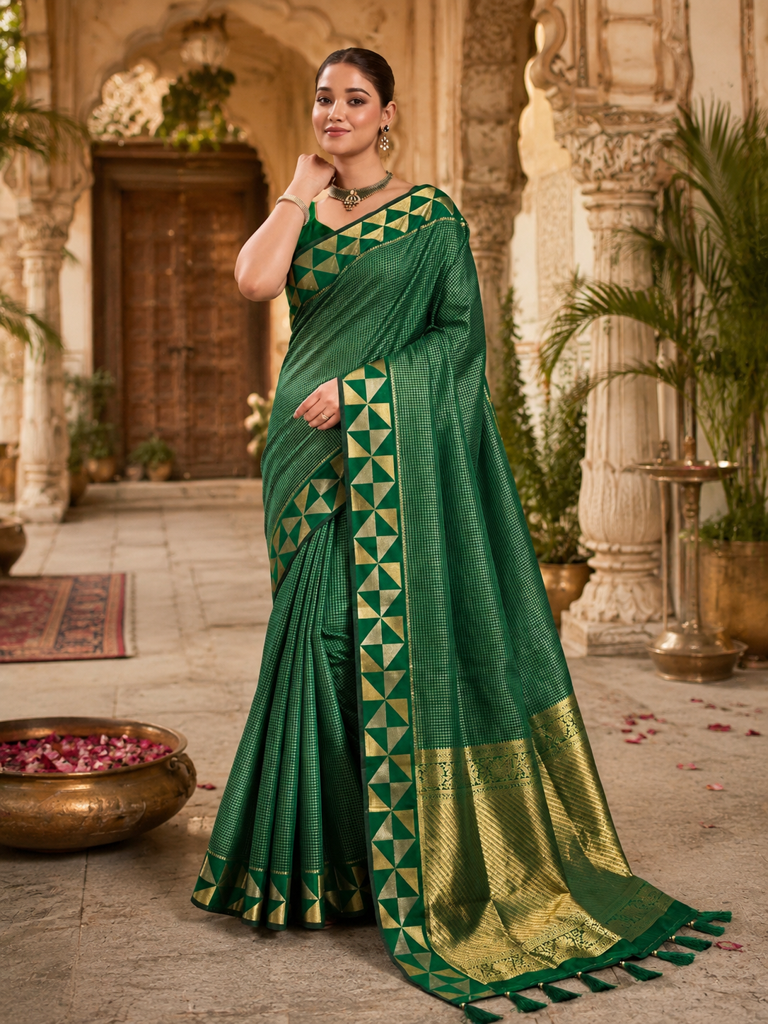 Premium Art Silk Zari Triangle Border Saree With Unstitched Blouse(Green)