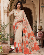 Pure Silk Floral Print Saree With Unstitched Blouse(Beige)