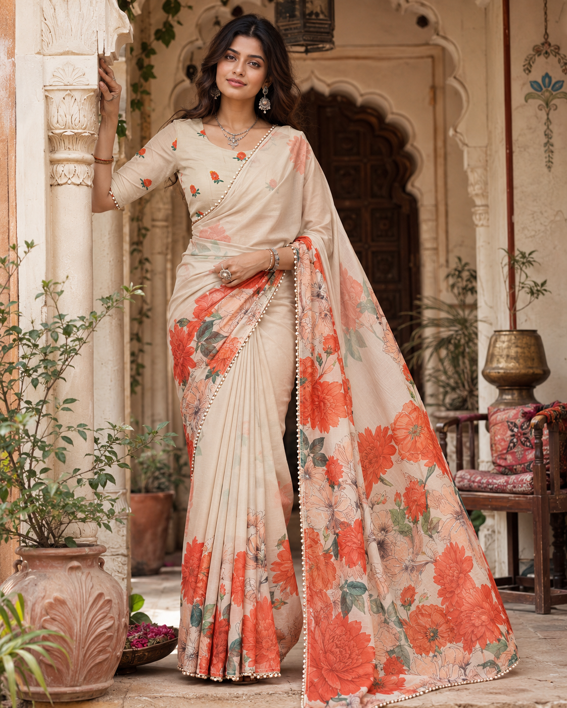Pure Silk Floral Print Saree With Unstitched Blouse(Beige)