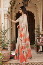 Pure Silk Floral Print Saree With Unstitched Blouse(Beige)