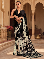 Satin Silk Kalamkari Print Saree With Unstitched Blouse(Black)