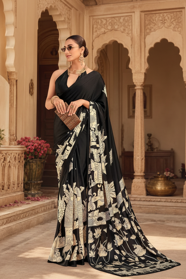 Satin Silk Kalamkari Print Saree With Unstitched Blouse(Black)