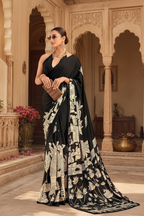 Satin Silk Kalamkari Print Saree With Unstitched Blouse(Black)