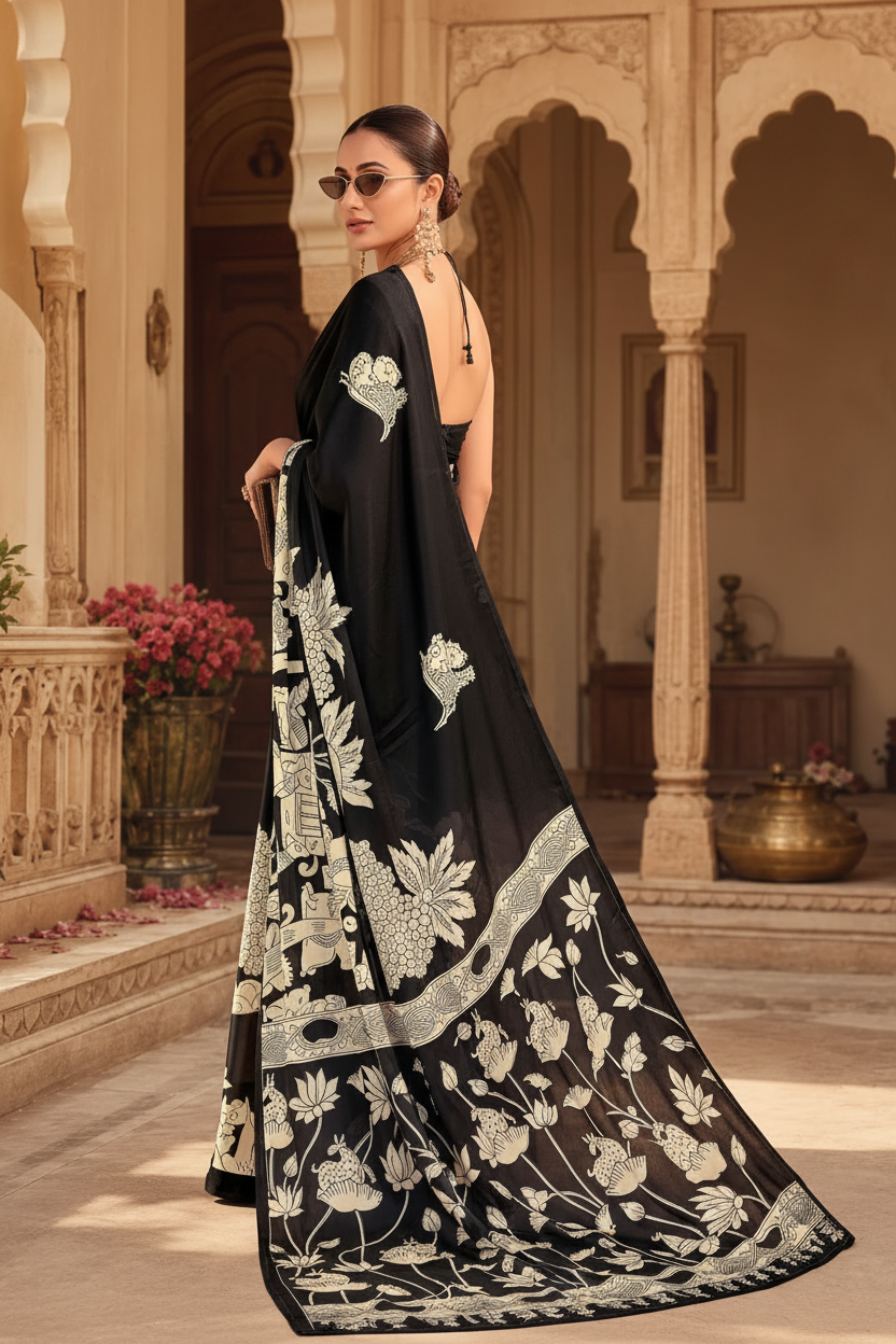 Satin Silk Kalamkari Print Saree With Unstitched Blouse(Black)