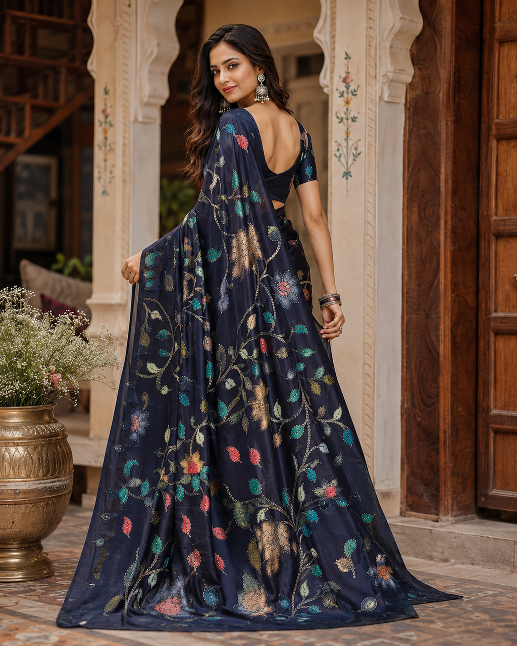Georgette Digital Printed Saree With Unstitched Blouse(Black)