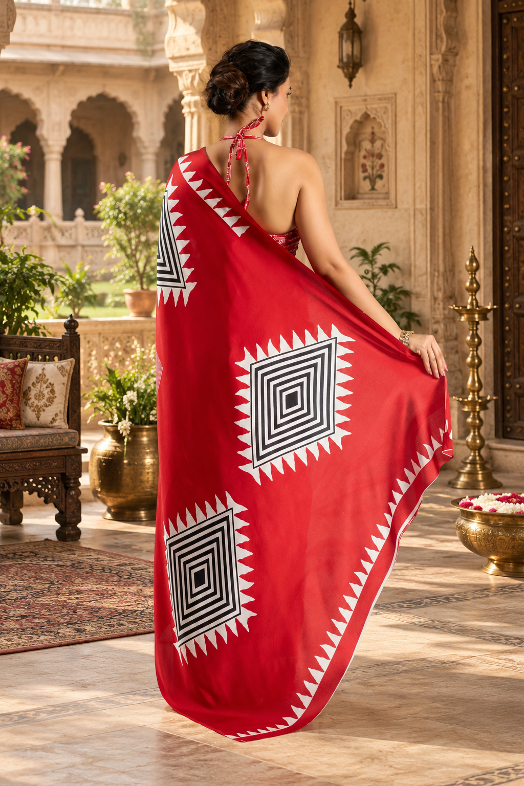 Satin Silk Ajrakh Printed Saree With Unstitched Blouse(Red)