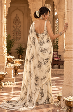 Satin Silk Printed Saree With Unstitched Blouse(White)