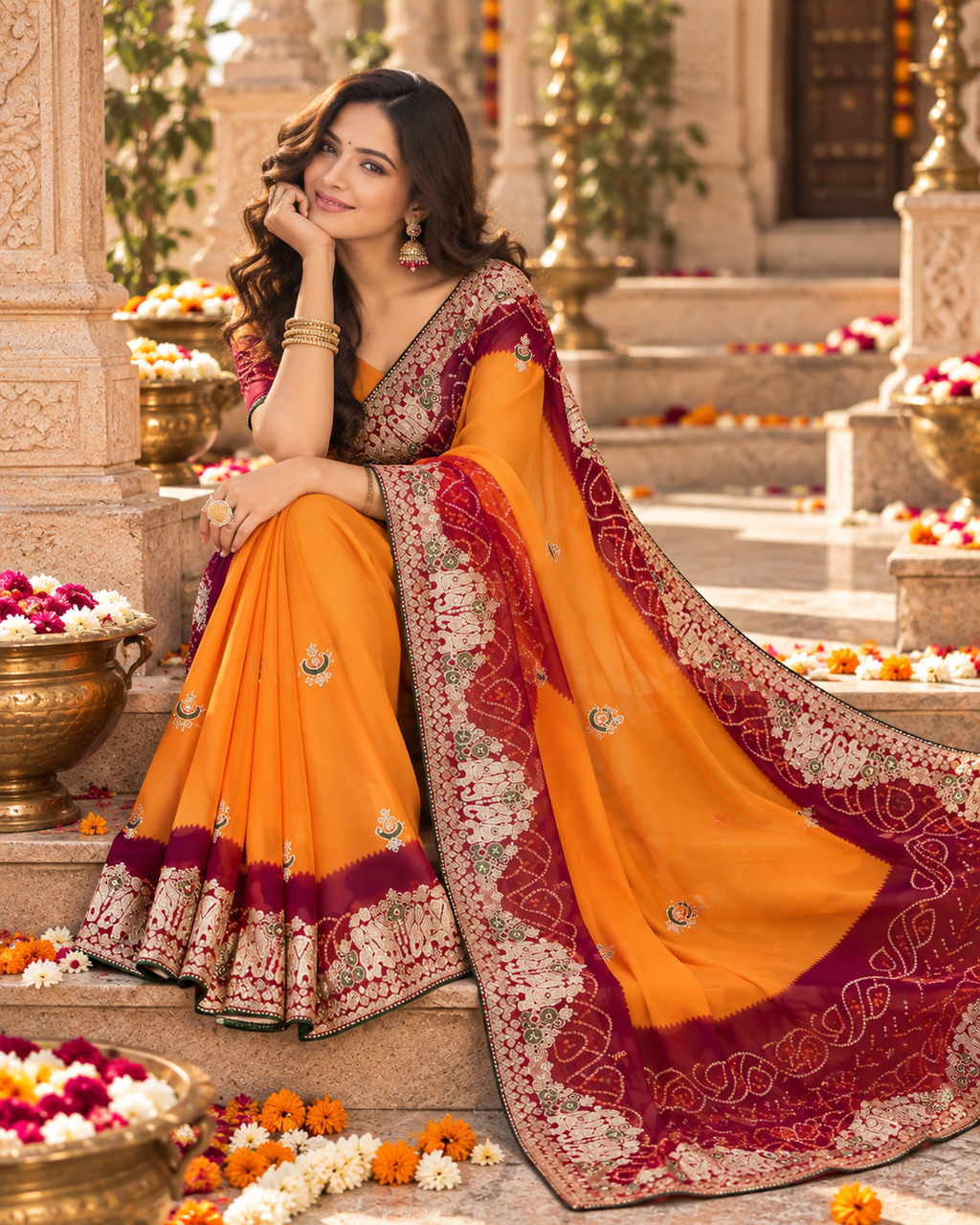 Pure Bandhani Bhej Print Gotta Patti Work Silk Saree With Unstitched Blouse(Mustard)