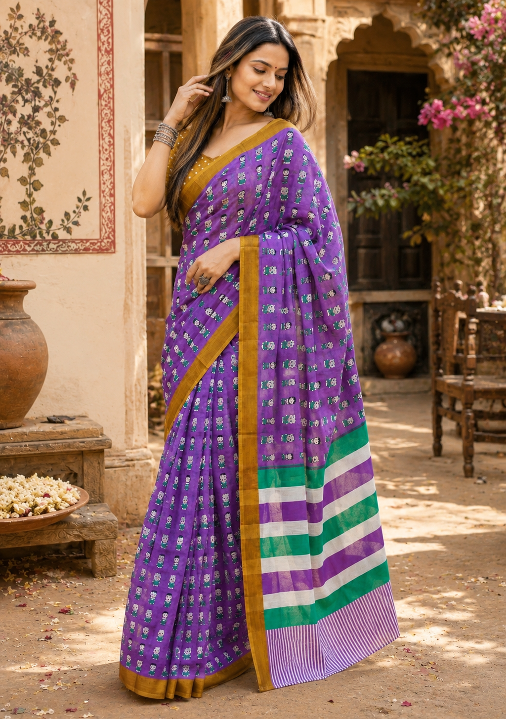 Mulmul Cotton Bagru Block Print Saree With Unstitched Blouse(Purple)