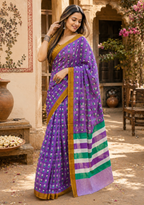 Mulmul Cotton Bagru Block Print Saree With Unstitched Blouse(Purple)