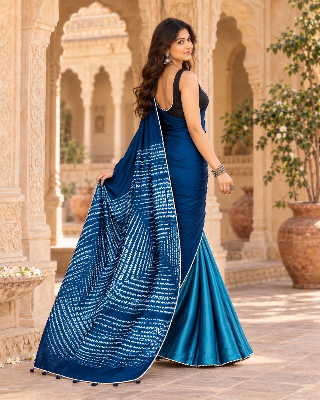 Pure Silk Digital Print Lace Patti Border Saree With Unstitched Blouse(Blue)